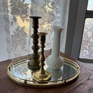 Vintage Oval Brass Tone Mirror Vanity Tray Felt Back Floral Rim old Hollywood